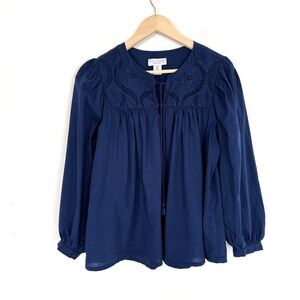 Calypso St. Barth Top 1X Navy Blue Cotton L/S Shirt Boho Flowy Tassel Tie